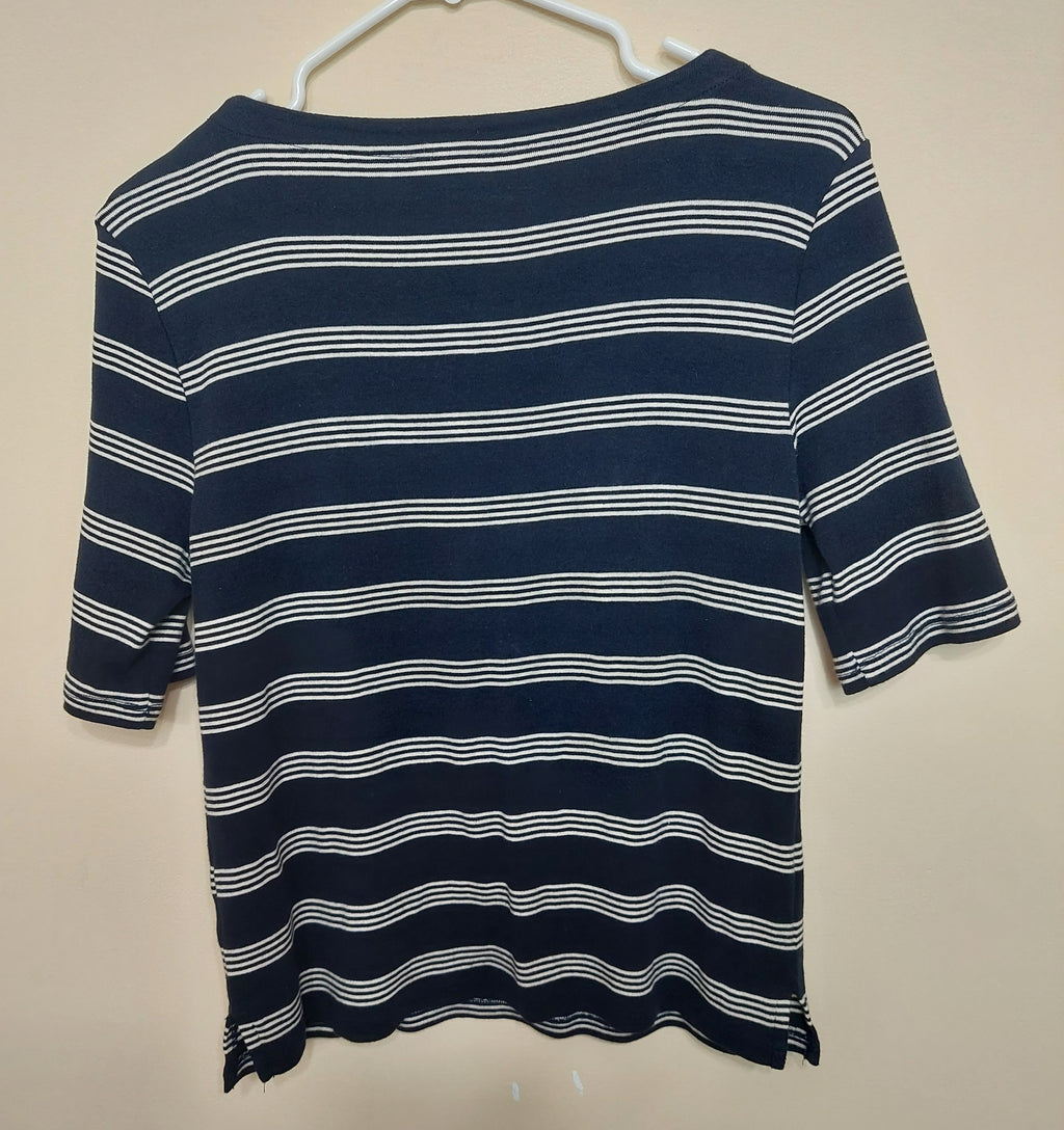 5 22 Talbots Navy White Stripe Split Neck Top Medium