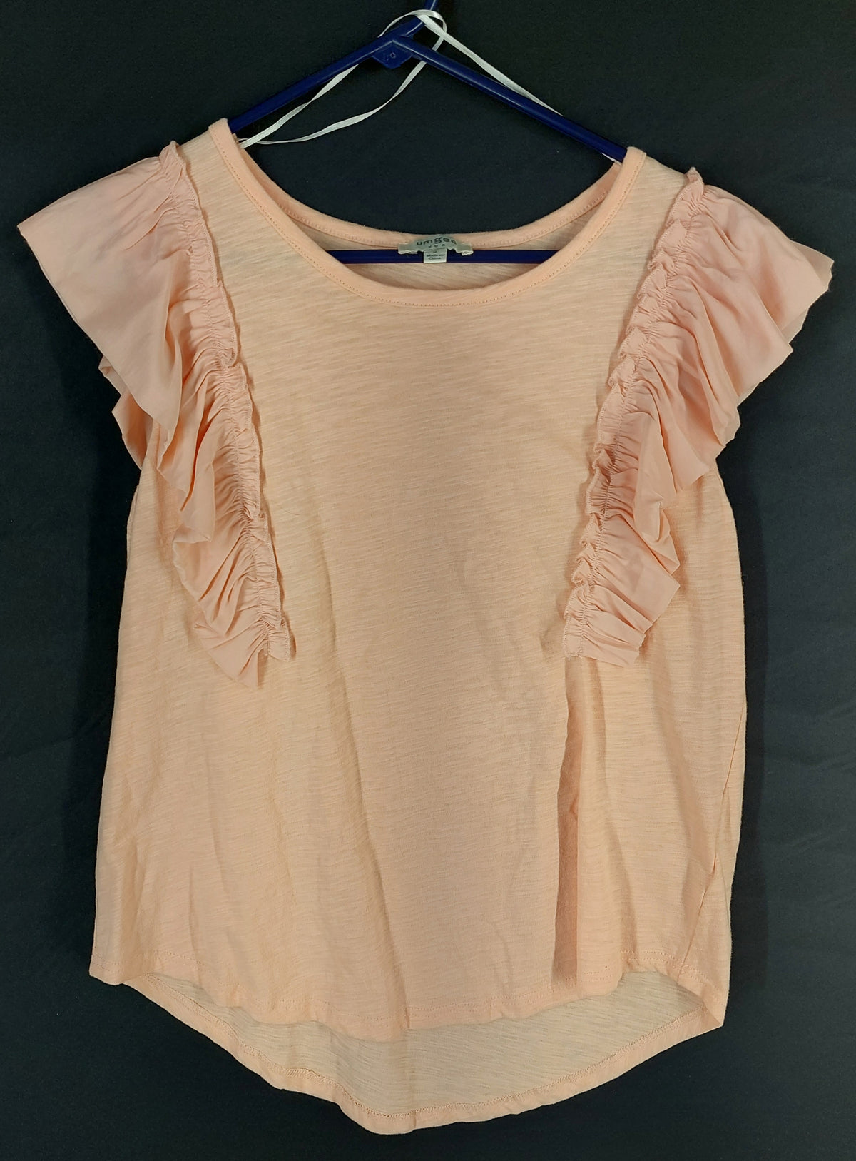 8-22 Umgee Size S Peach Ruffle Flutter Sleeve Slub Knit Top Boho Casual