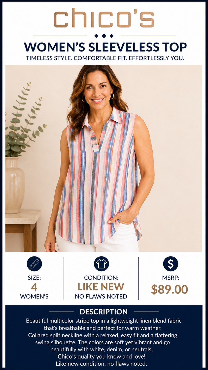 2 47 Chicos Sleeveless top vertical stripe blue pink white Size 4