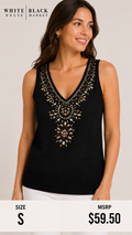 6 22 White House Black Market Size S Embellished Black Sleeveless Sweater Tank