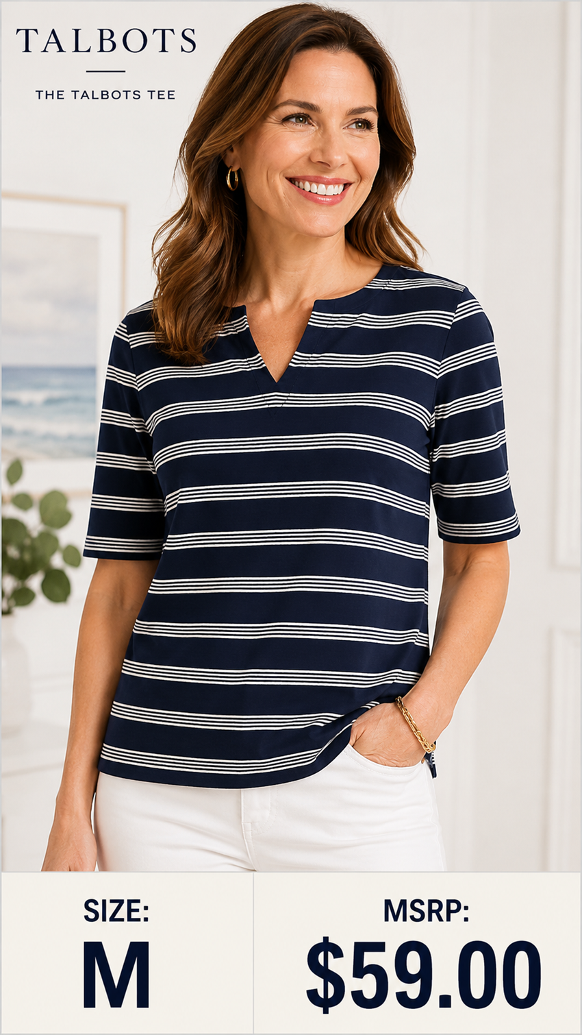 5 22 Talbots Navy White Stripe Split Neck Top Medium