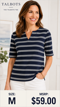 5 22 Talbots Navy White Stripe Split Neck Top Medium