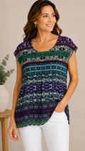 9-22 CAbi Size Medium Multicolor Geometric Print Cap Sleeve Blouse Top Rayon