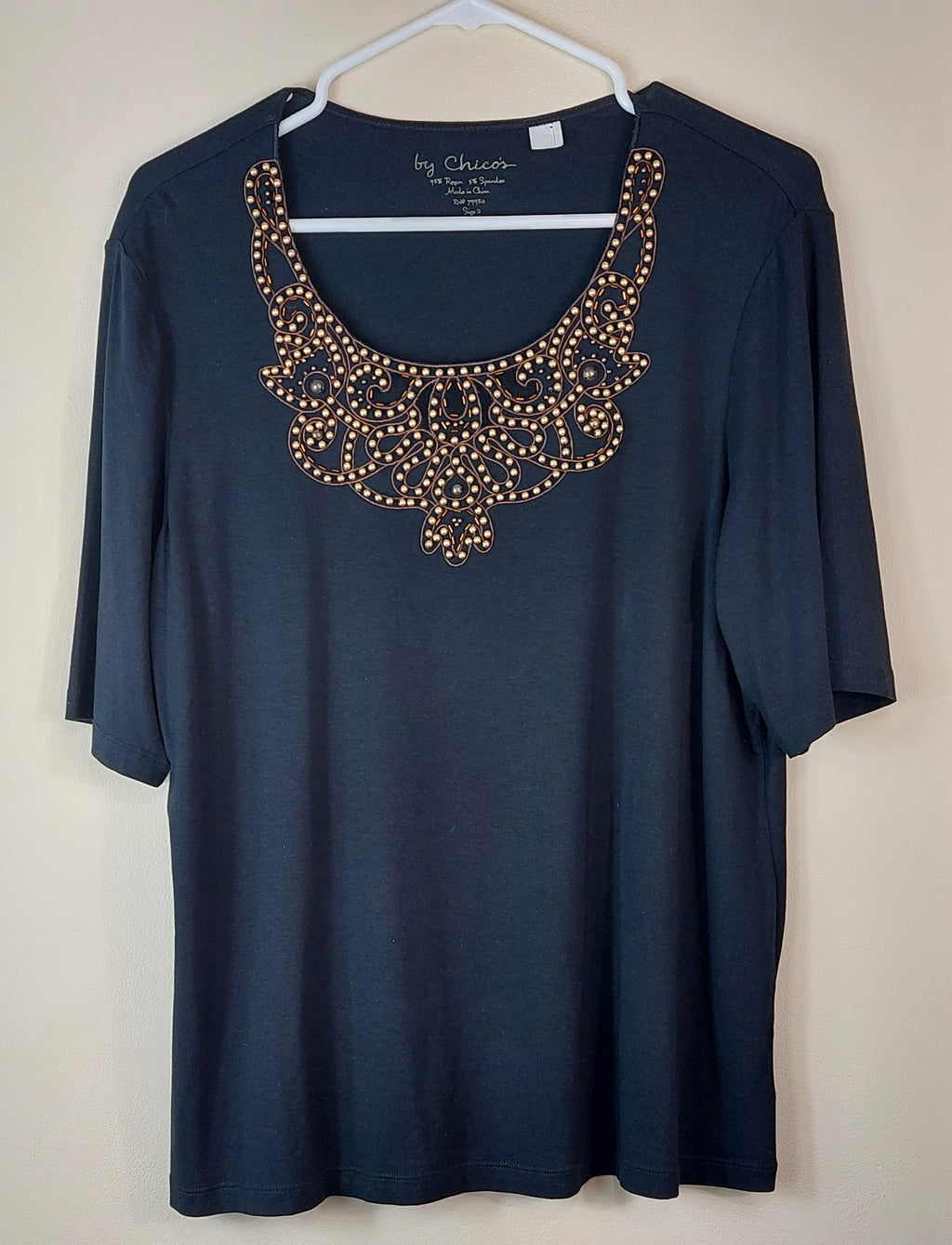 1 26 Chicos Black with Gold bead Embellishments Top Size 2