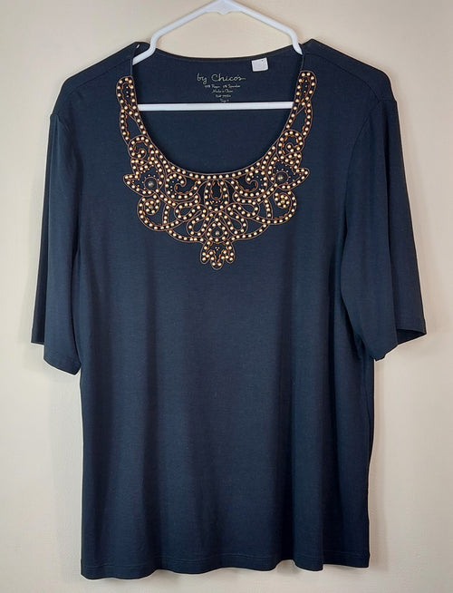1 26 Chicos Black with Gold bead Embellishments Top Size 2