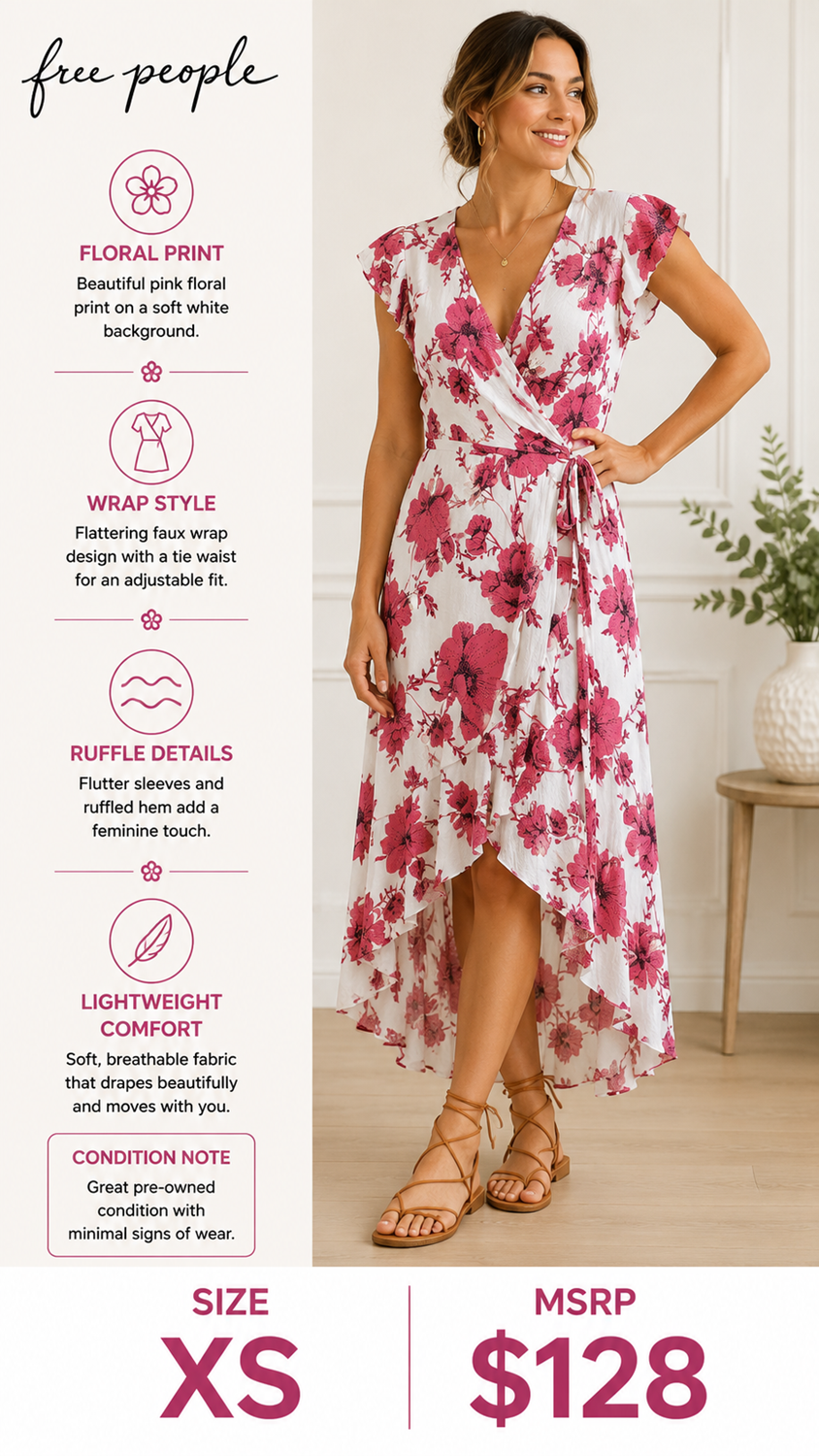 3 38 Free People XS Petite Wrap Dress White Pink Floral Print Flutter Sleeve High Low Hem Faux Wrap