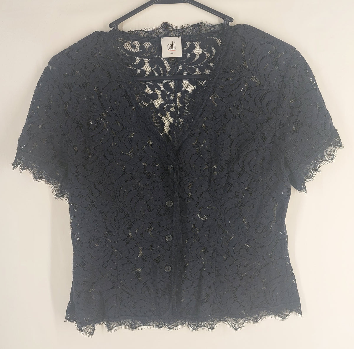 9-23 CAbi Size Small Navy Blue Floral Lace Button Front Short Sleeve Top Blouse