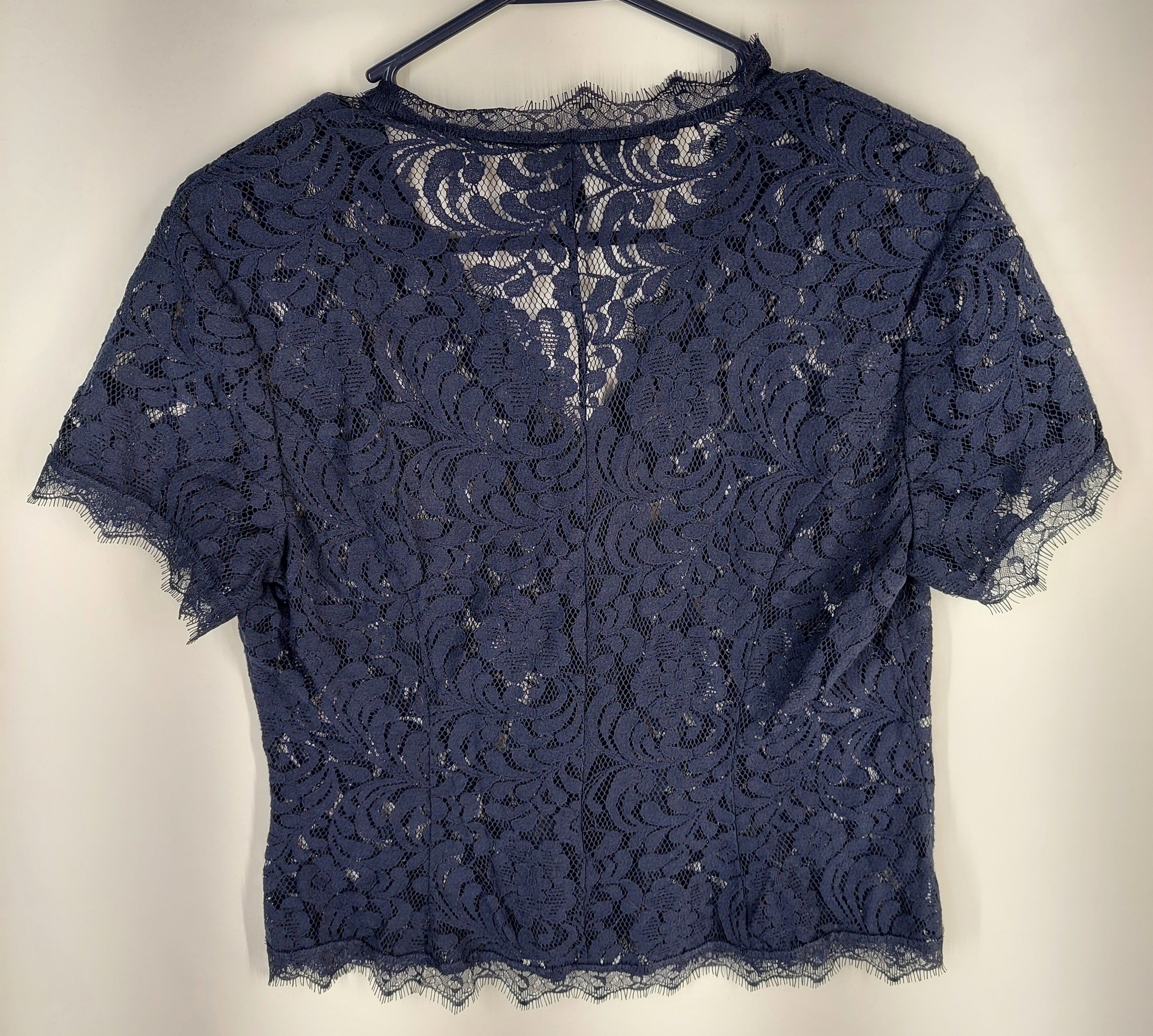 9-23 CAbi Size Small Navy Blue Floral Lace Button Front Short Sleeve Top Blouse