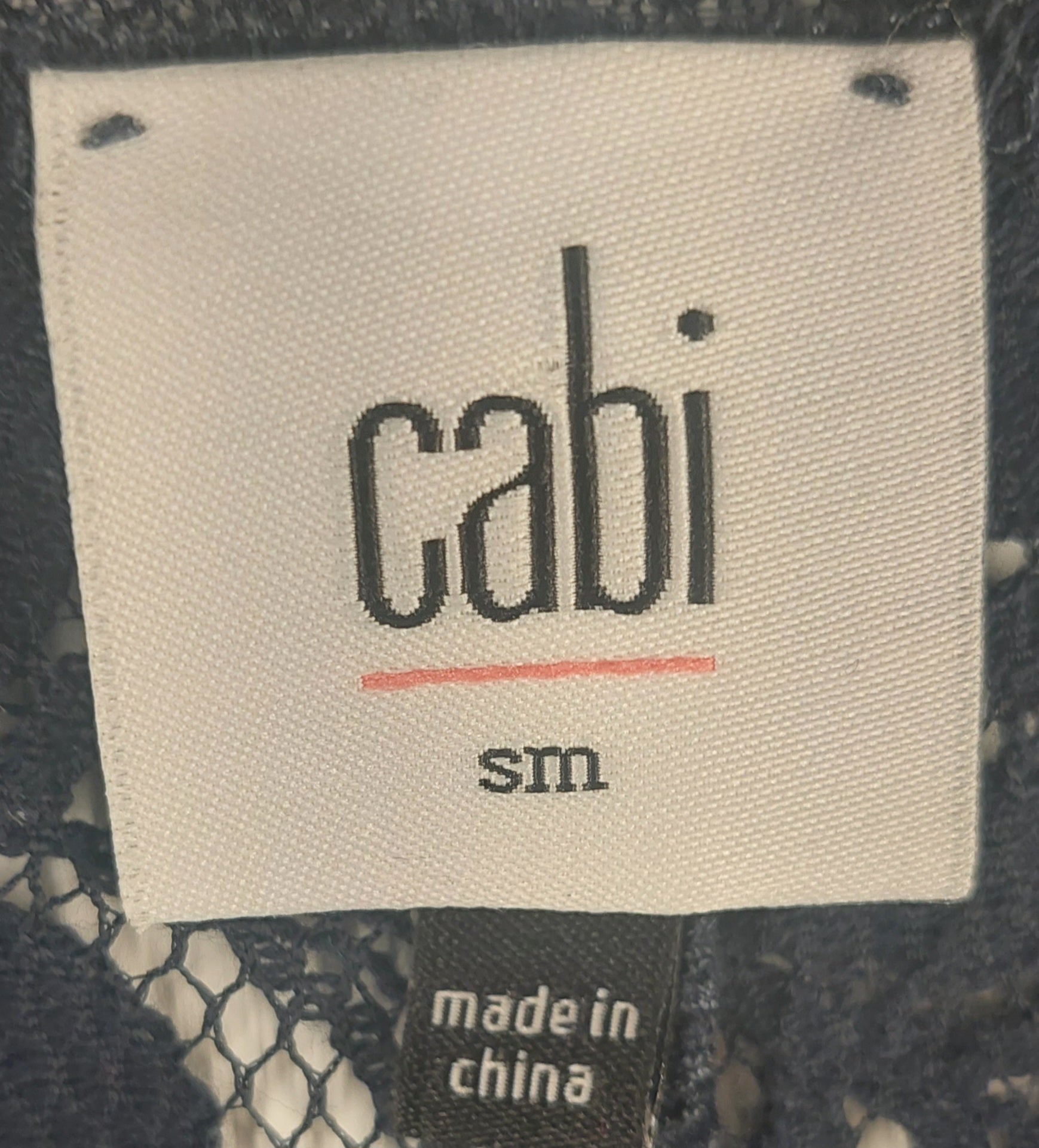 9-23 CAbi Size Small Navy Blue Floral Lace Button Front Short Sleeve Top Blouse