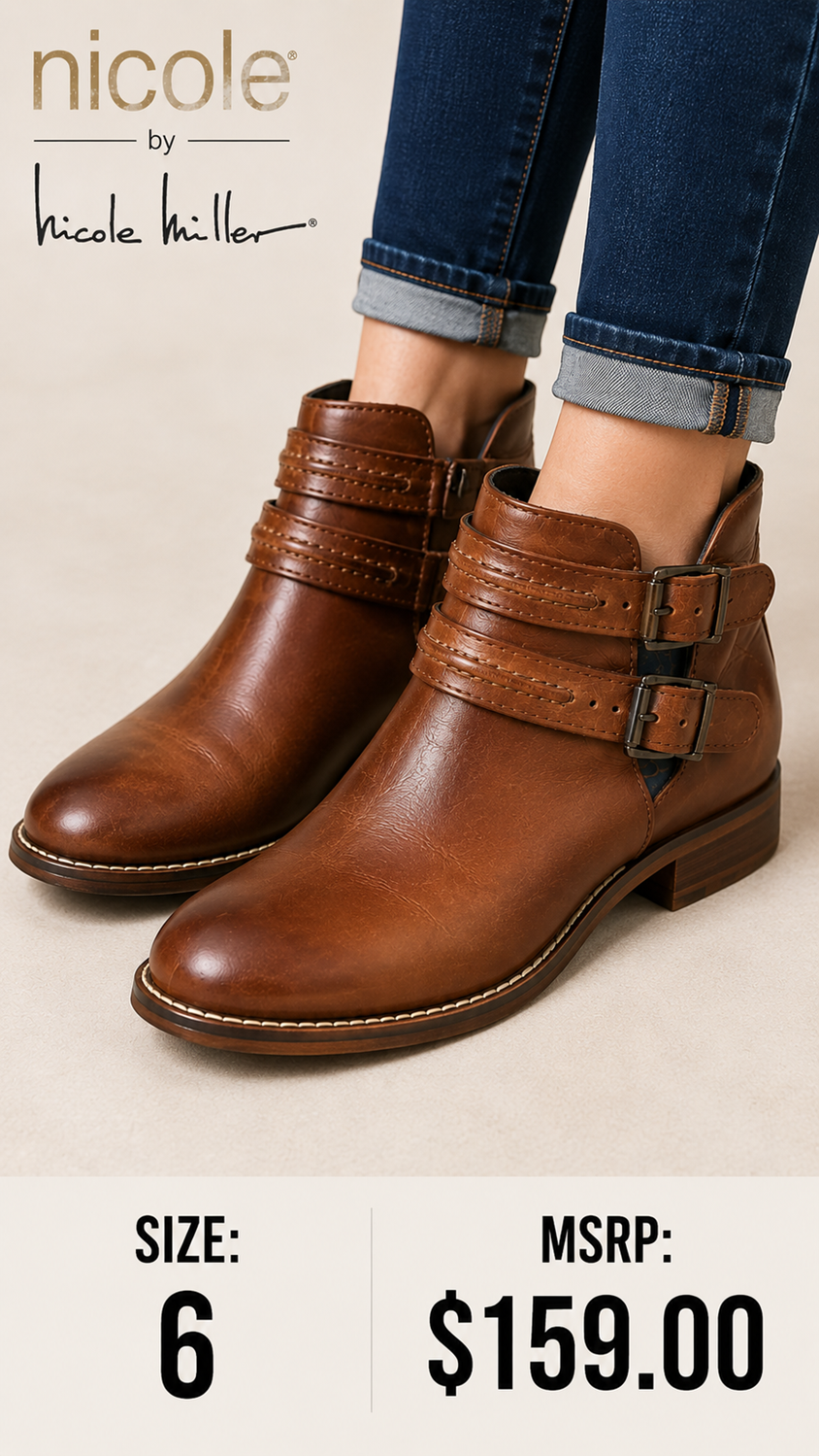 5 23 Nicole Miller Brown Leather Ankle Boots Double Buckle Size 6