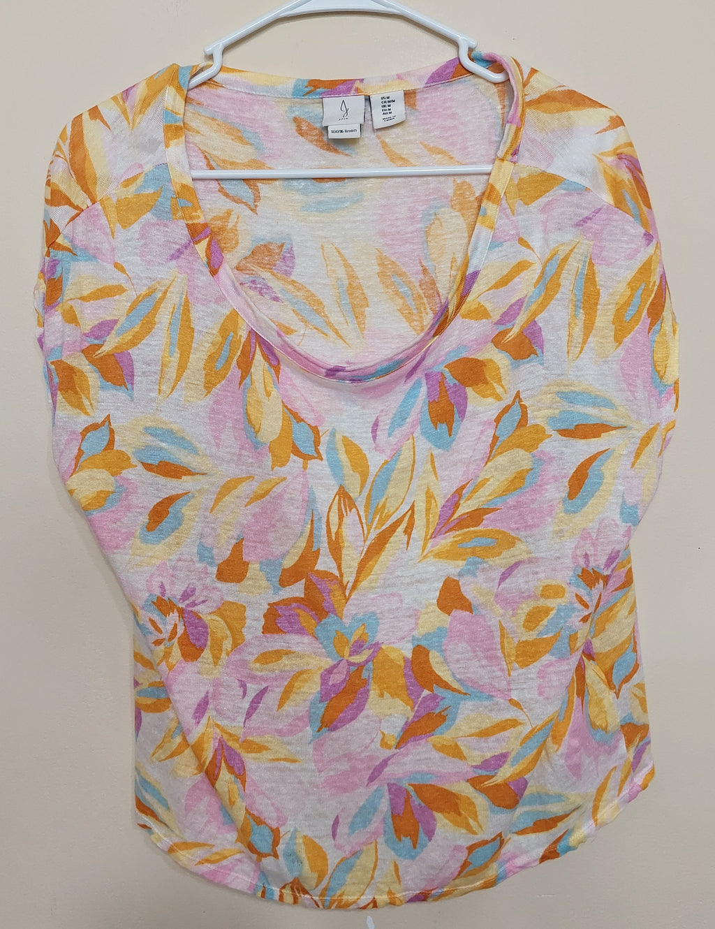6 24 Joie Size M 100% Linen Floral Scoop Neck Short Sleeve Top