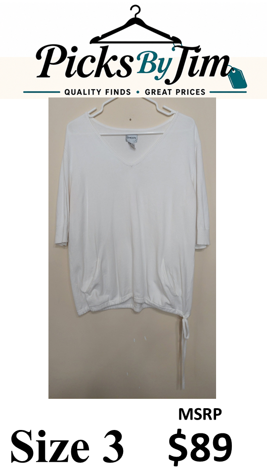 7 24 Chicos Size 3 White V Neck Side Tie Pocket Top