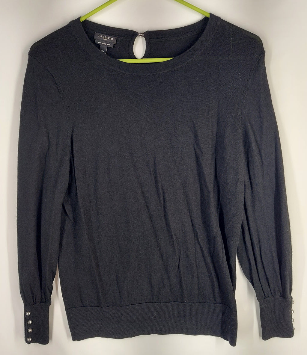 9-24 Talbot Petite Medium Black 100% Merino Wool Sweater Button Cuff Long Sleeve