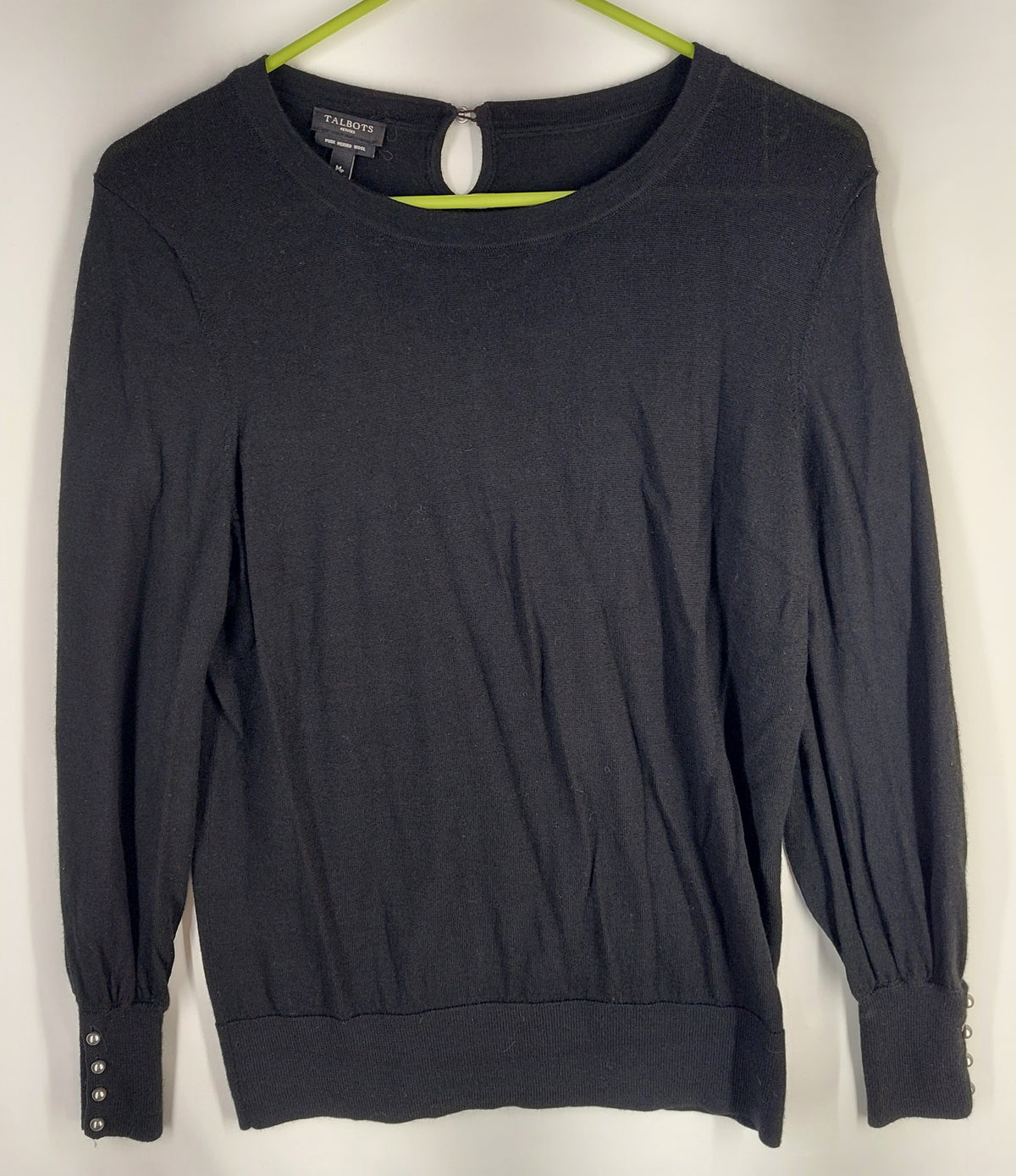 9-24 Talbot Petite Medium Black 100% Merino Wool Sweater Button Cuff Long Sleeve