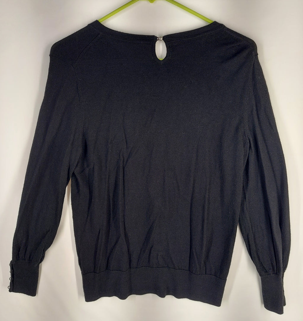 9-24 Talbot Petite Medium Black 100% Merino Wool Sweater Button Cuff Long Sleeve