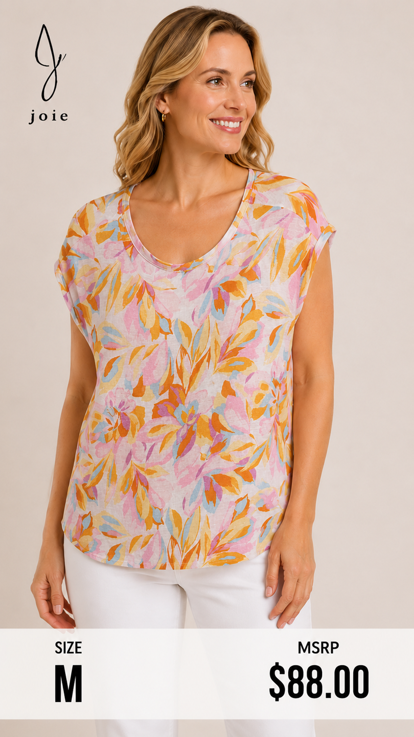 6 24 Joie Size M 100% Linen Floral Scoop Neck Short Sleeve Top