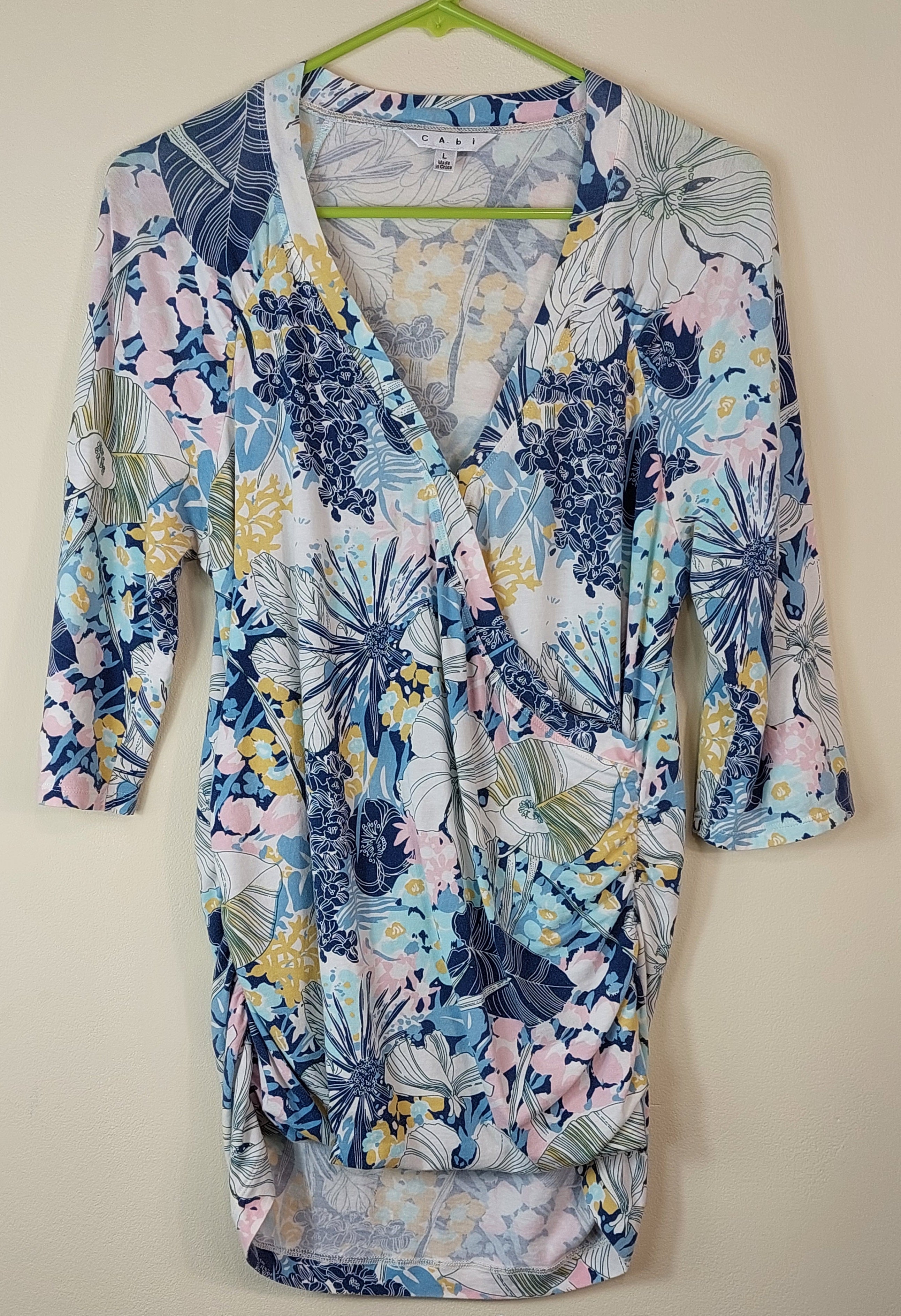1 29 Cabi Mixed Blue Floral Wrap Illusion Half Sleeve Top Large