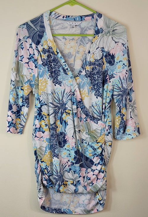 1 29 Cabi Mixed Blue Floral Wrap Illusion Half Sleeve Top Large