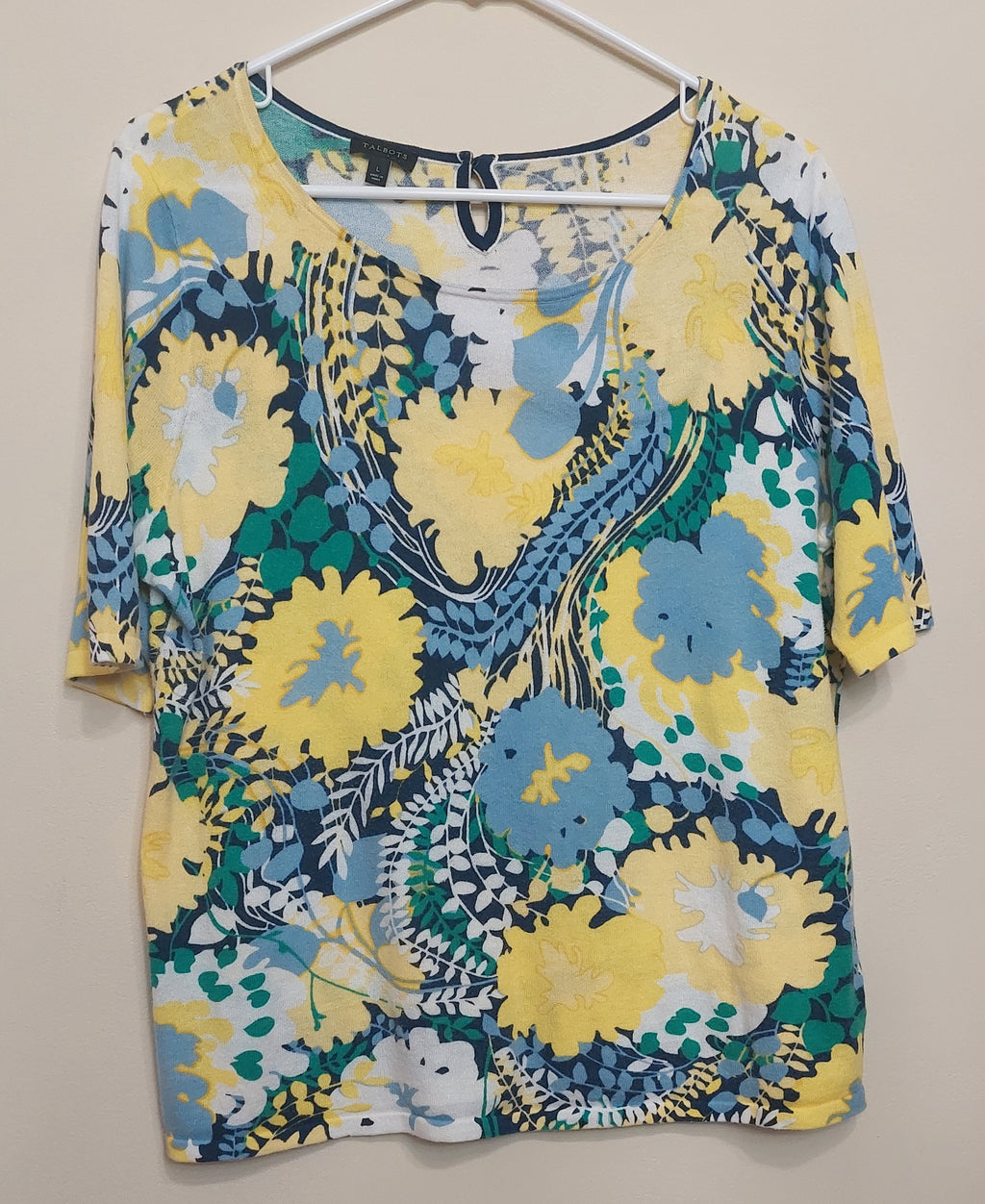 4 20 Talbots Floral Knit Top Size L Yellow Blue Green