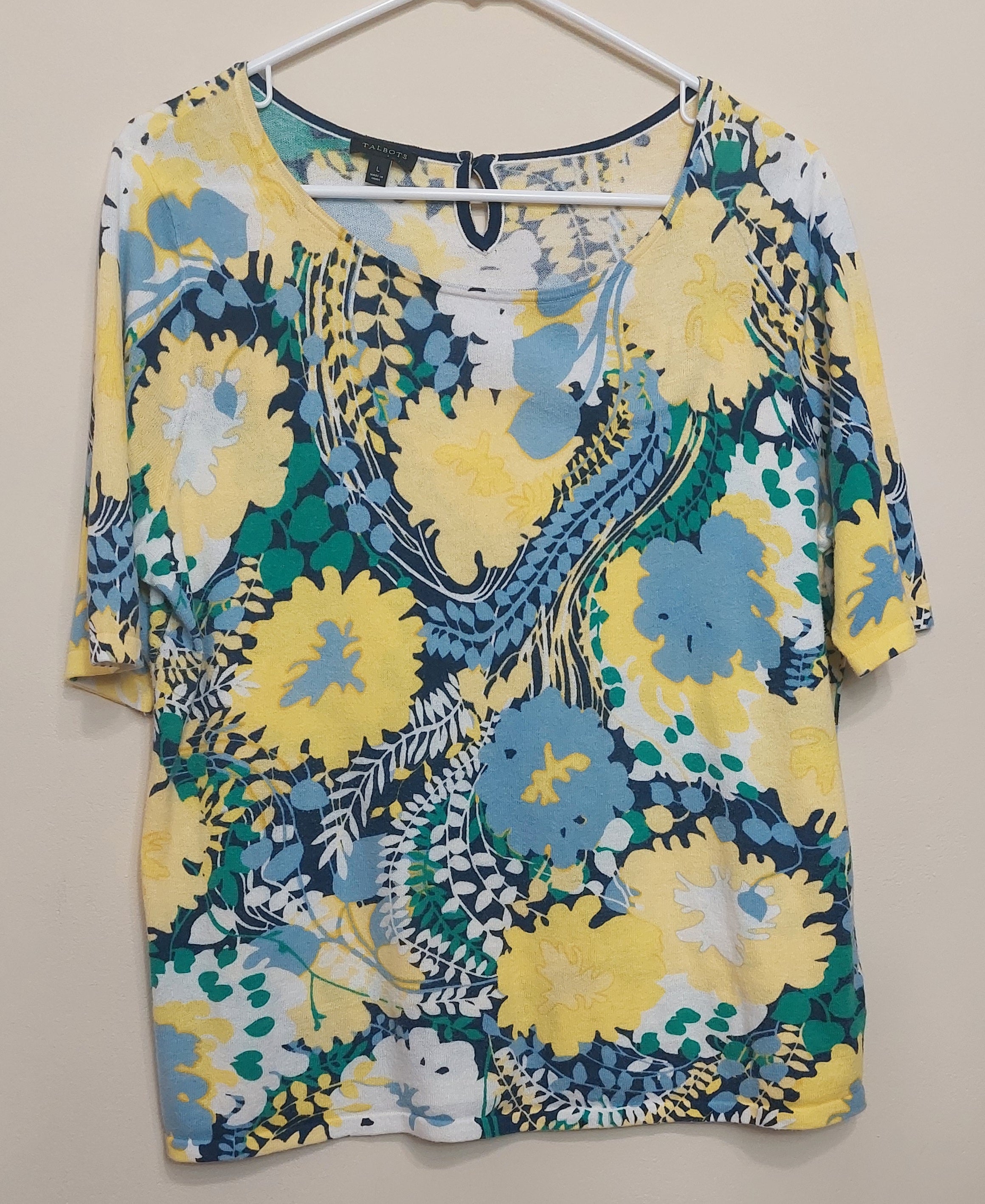 4 20 Talbots Floral Knit Top Size L Yellow Blue Green