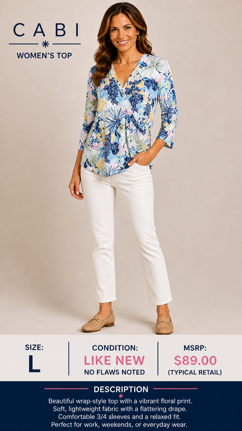 1 29 Cabi Mixed Blue Floral Wrap Illusion Half Sleeve Top Large