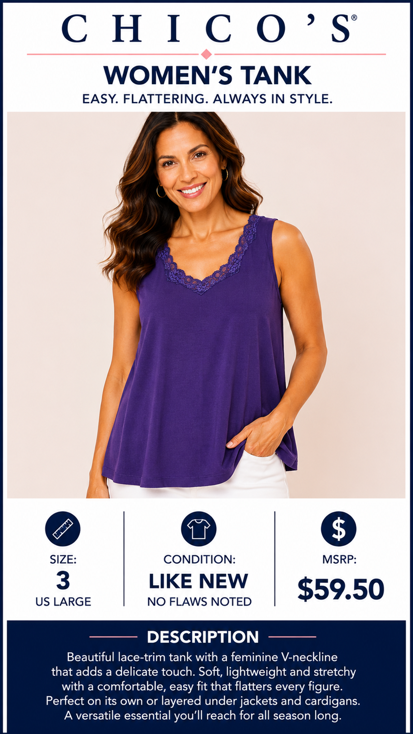 2 14 Chicos Purple lace trim Tank Size 3