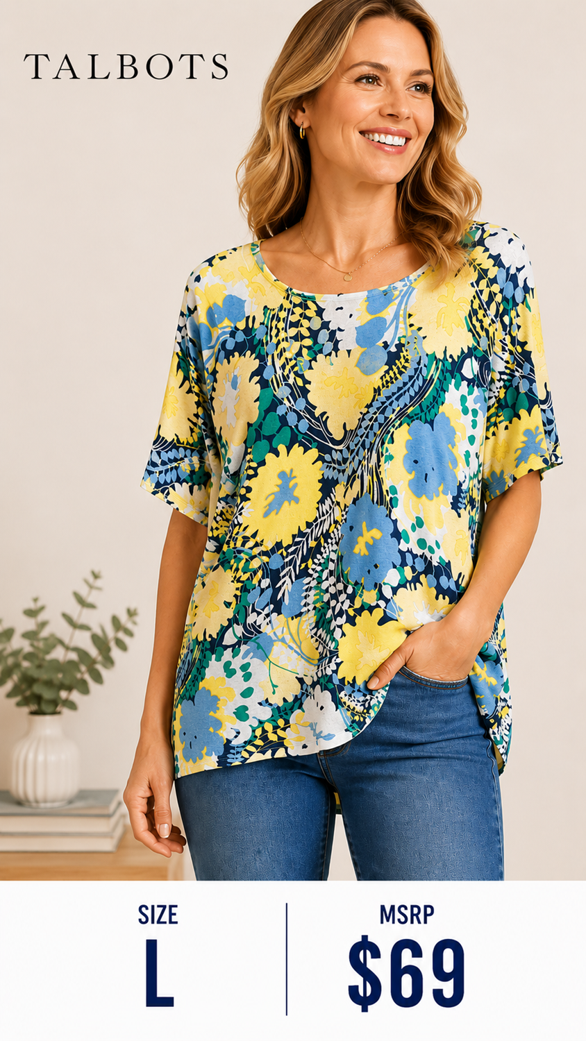 4 20 Talbots Floral Knit Top Size L Yellow Blue Green