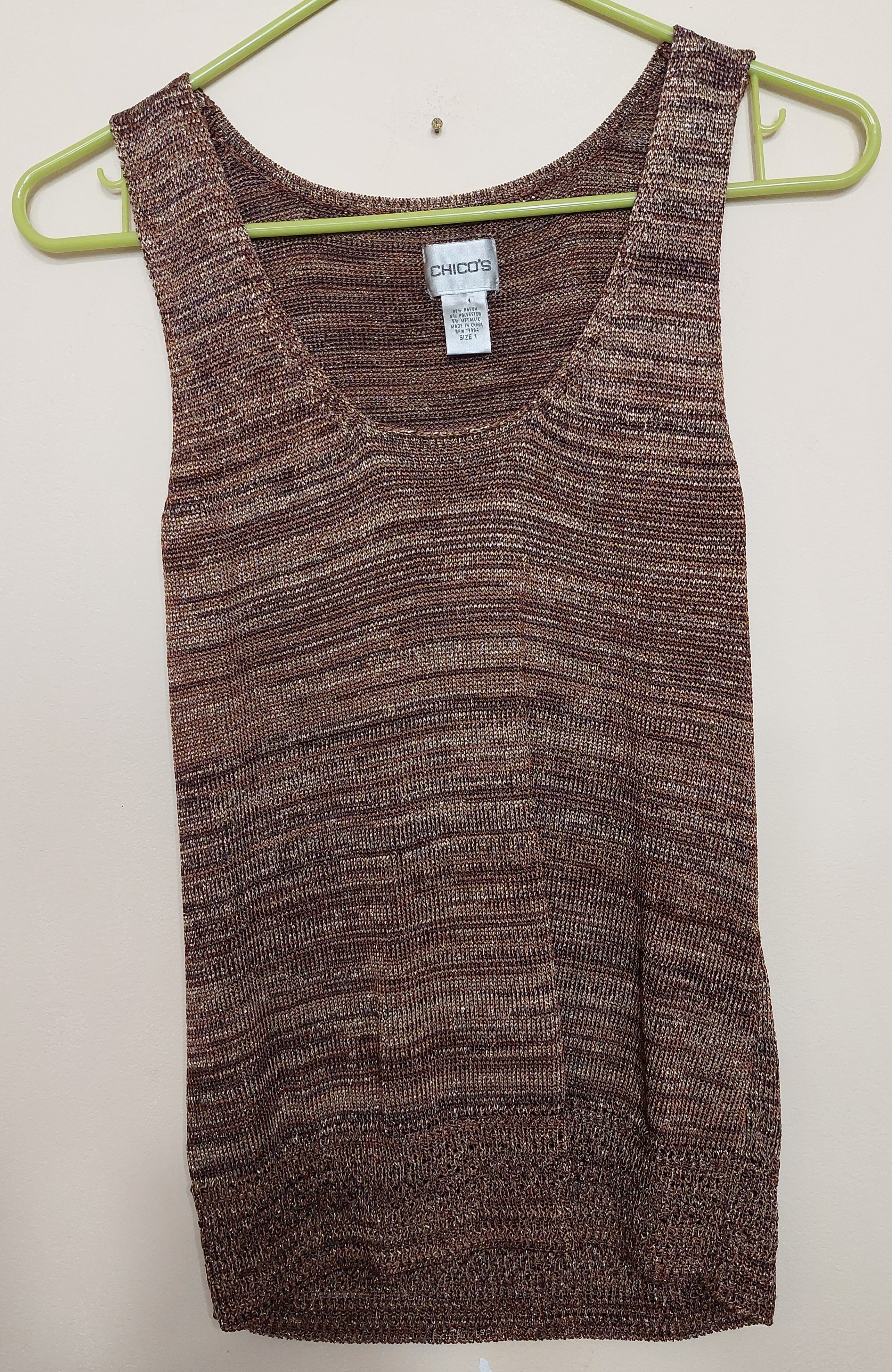 6 26 Chicos Brown Metallic Knit Sleeveless Sweater Tank Size 1
