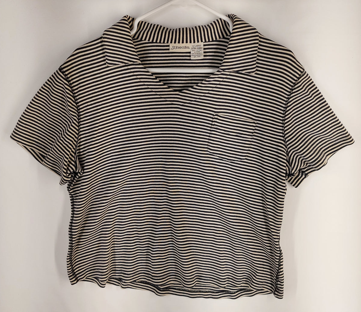 9-26 St. John’s Bay Size XL Black Cream Striped Cotton Polo Shirt Pocket