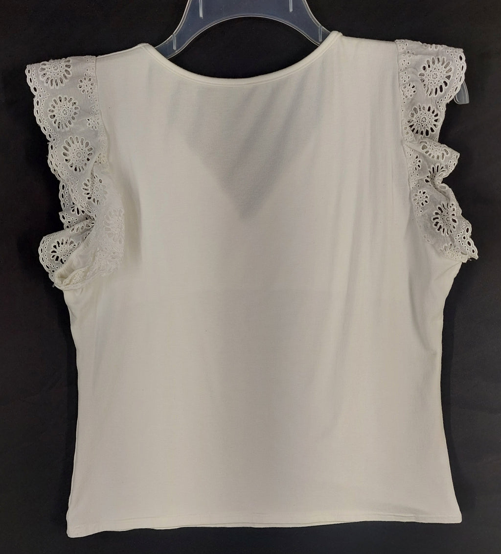 8-26 Unbranded Size L White Eyelet Ruffle Sleeve V Neck Top Blouse