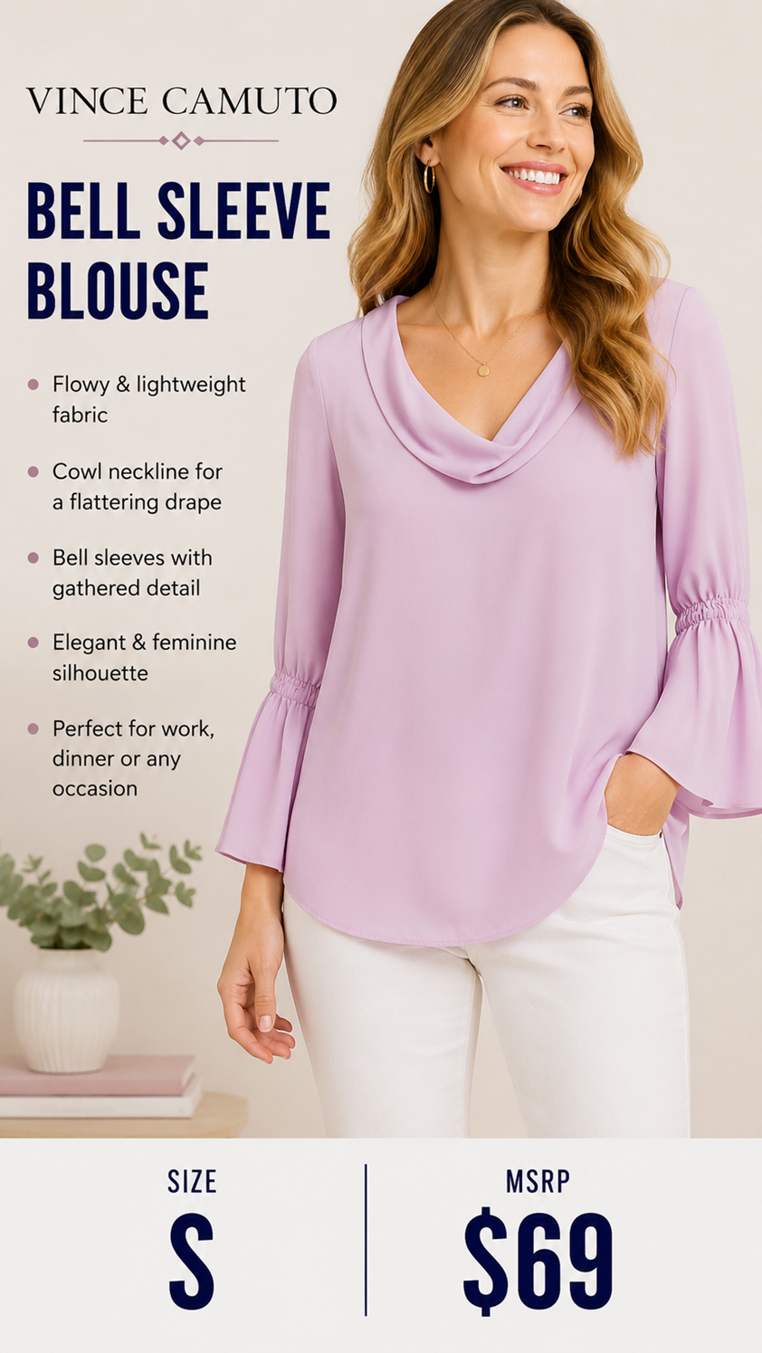 4 25 Vince Camuto S Pink Cowl Neck Bell Sleeve Blouse