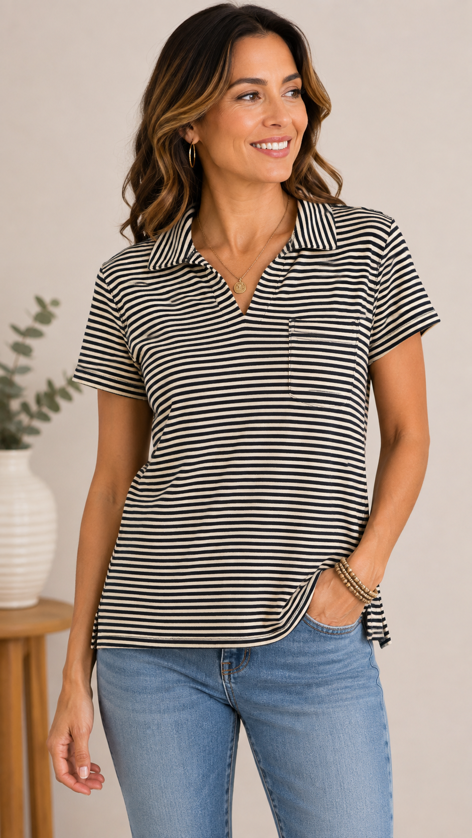 9-26 St. John’s Bay Size XL Black Cream Striped Cotton Polo Shirt Pocket