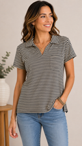 9-26 St. John’s Bay Size XL Black Cream Striped Cotton Polo Shirt Pocket