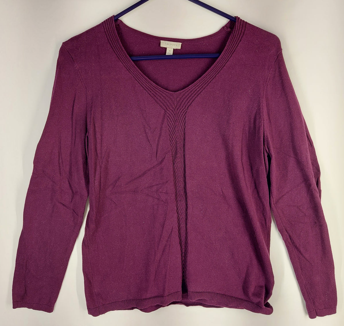 9-27 Talbots Size Medium Plum Purple 100% Cotton V-Neck Long Sleeve Sweater Top