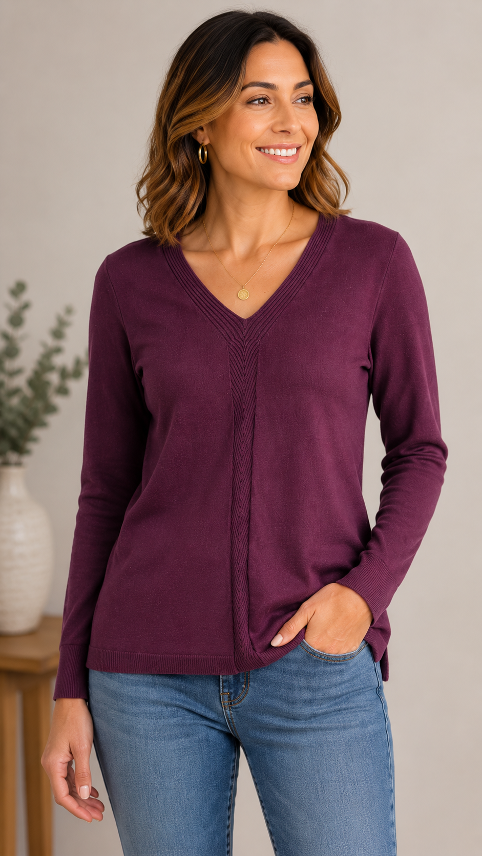 9-27 Talbots Size Medium Plum Purple 100% Cotton V-Neck Long Sleeve Sweater Top