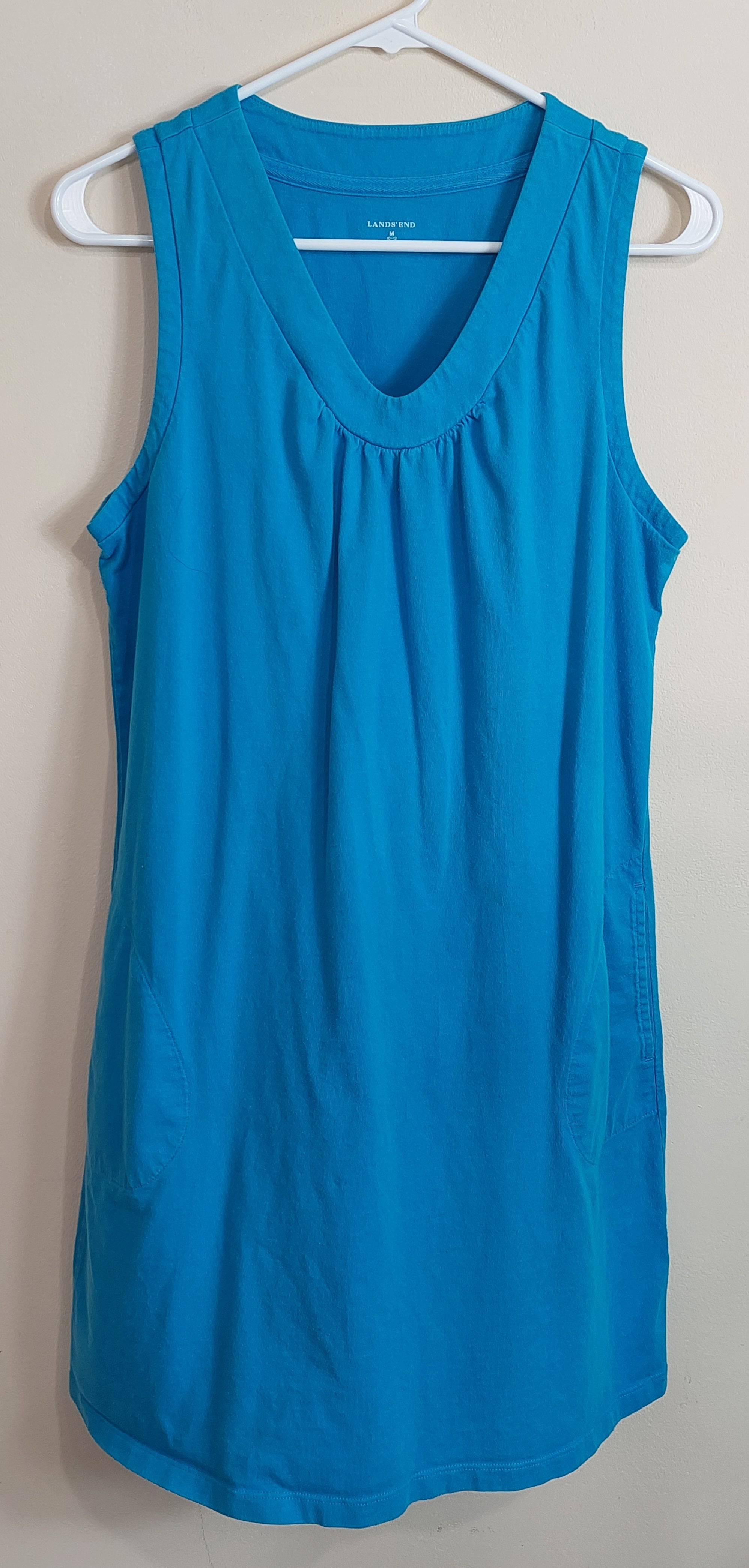 3 07 Lands' End Medium 10-12 Sleeveless Dress Turquoise Blue Pockets 100% Cotton Casual Everyday Style