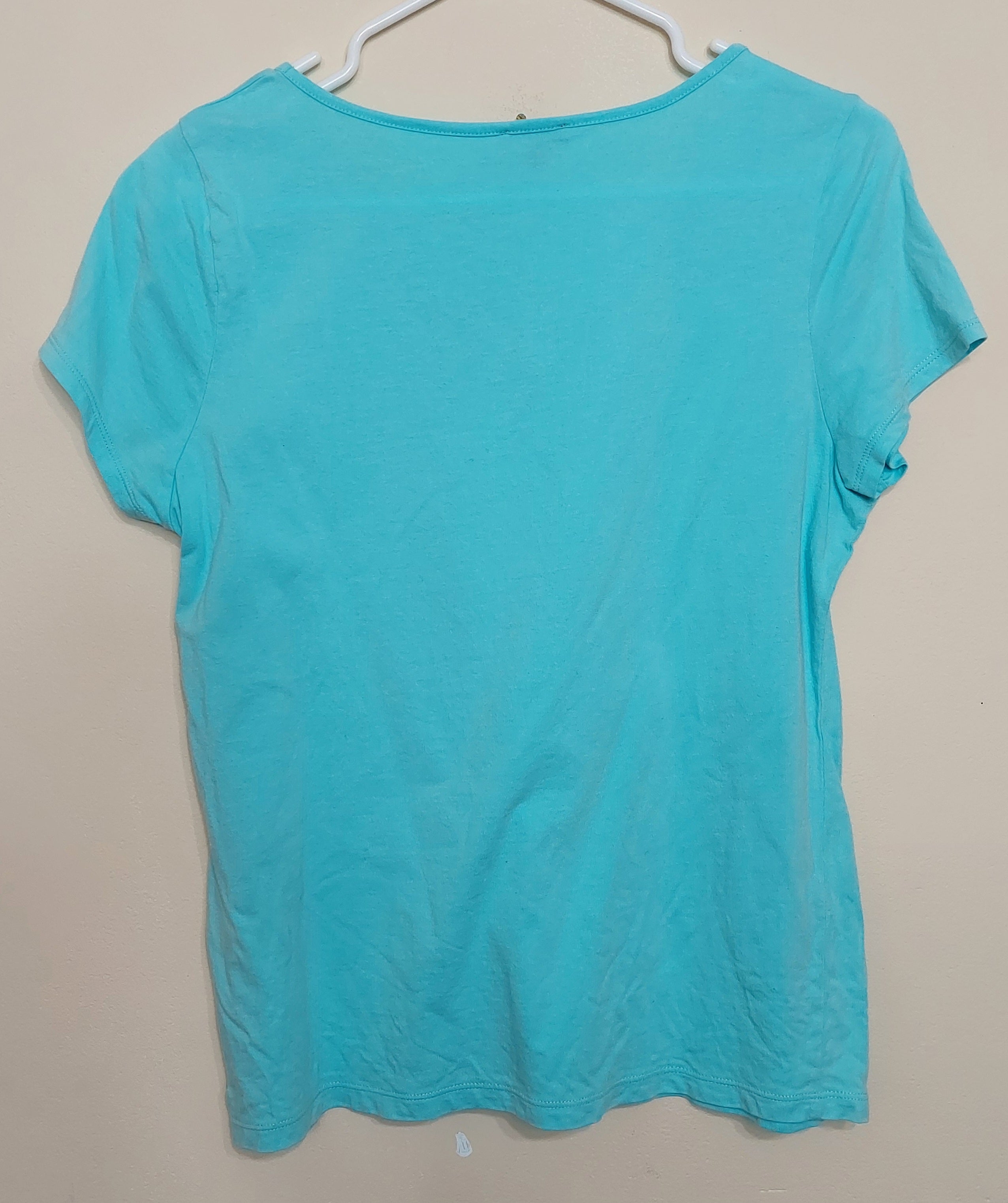 6 28 Talbots Petite Aqua Embroidered Neck Tee LP