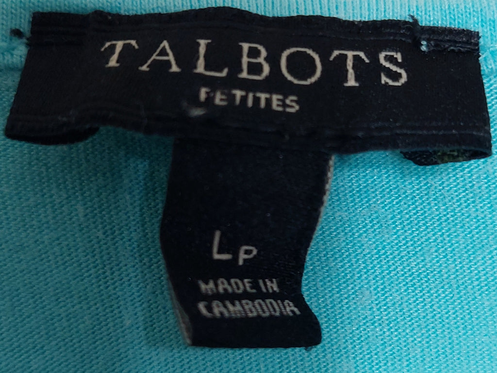 6 28 Talbots Petite Aqua Embroidered Neck Tee LP