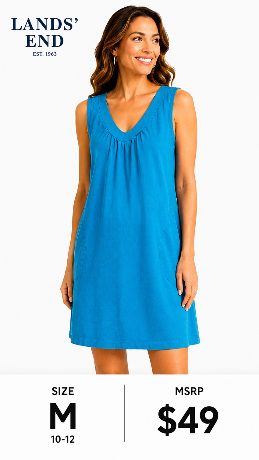 3 07 Lands' End Medium 10-12 Sleeveless Dress Turquoise Blue Pockets 100% Cotton Casual Everyday Style