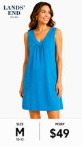 3 07 Lands' End Medium 10-12 Sleeveless Dress Turquoise Blue Pockets 100% Cotton Casual Everyday Style