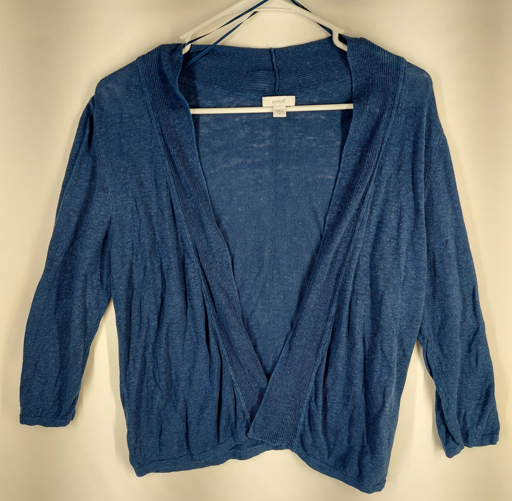 9-28 J.Jill Pure Jill Size M Blue Linen Blend Open Front Cardigan 3/4 Sleeve