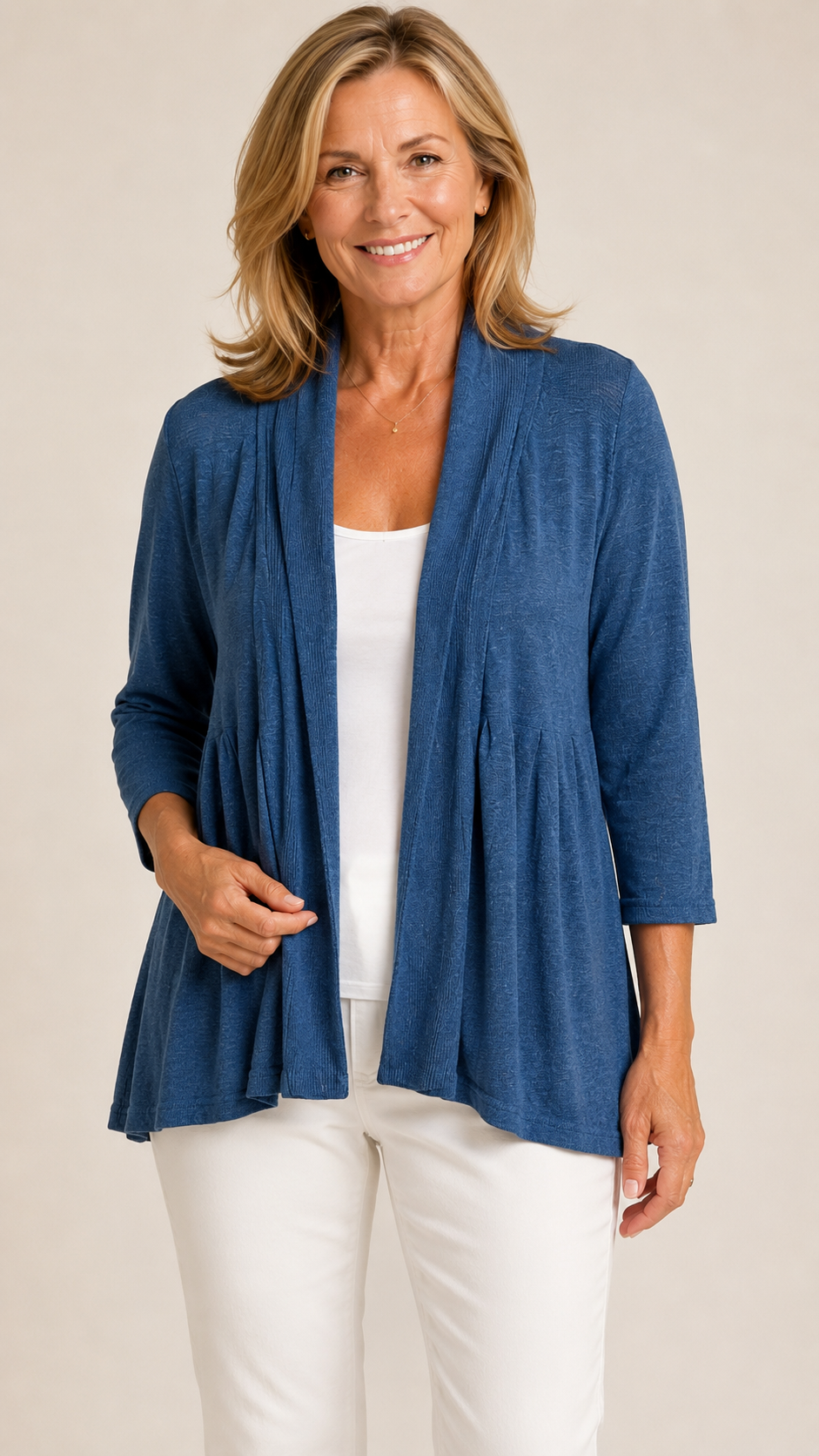 9-28 J.Jill Pure Jill Size M Blue Linen Blend Open Front Cardigan 3/4 Sleeve