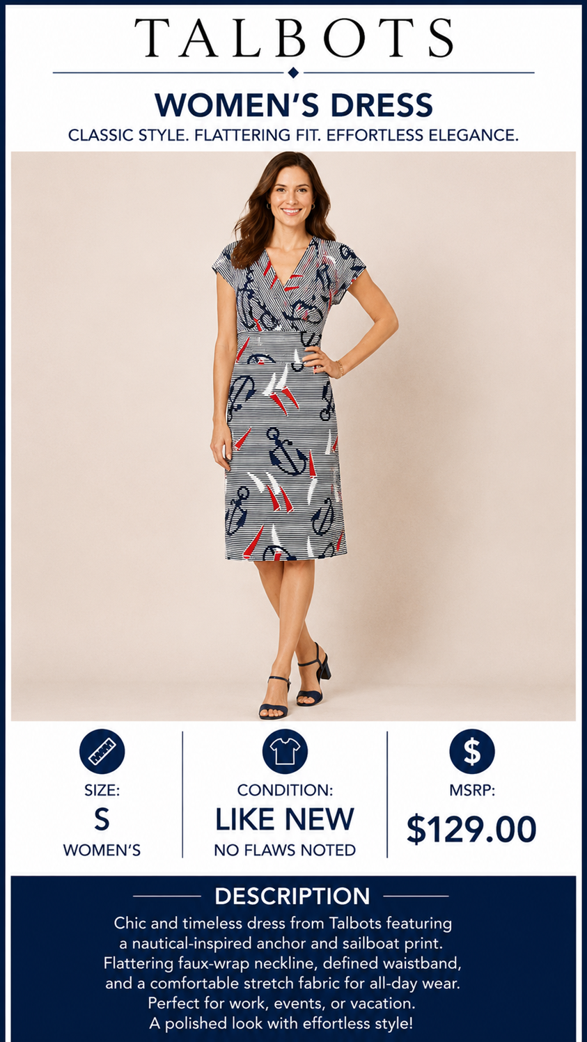 2 38 Talbots Dress Nautical inspired print blue gray white red Size Small