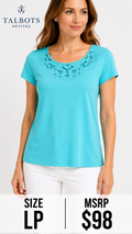 6 28 Talbots Petite Aqua Embroidered Neck Tee LP