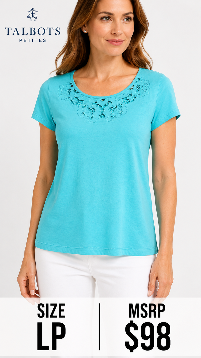 6 28 Talbots Petite Aqua Embroidered Neck Tee LP
