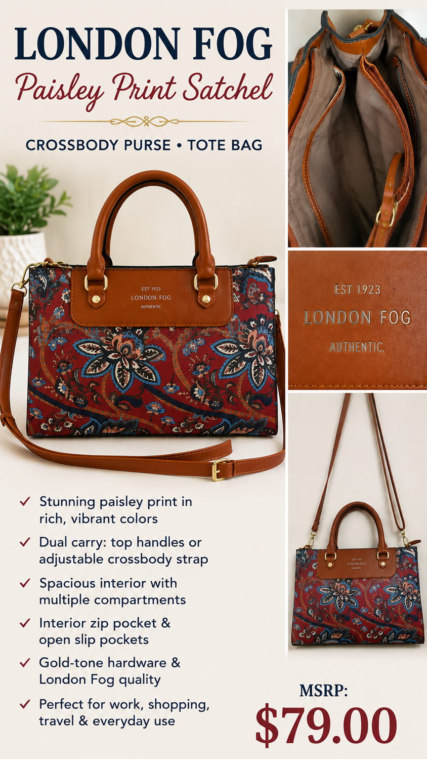 5 28 London Fog Paisley Print Satchel Crossbody Purse Tote Bag