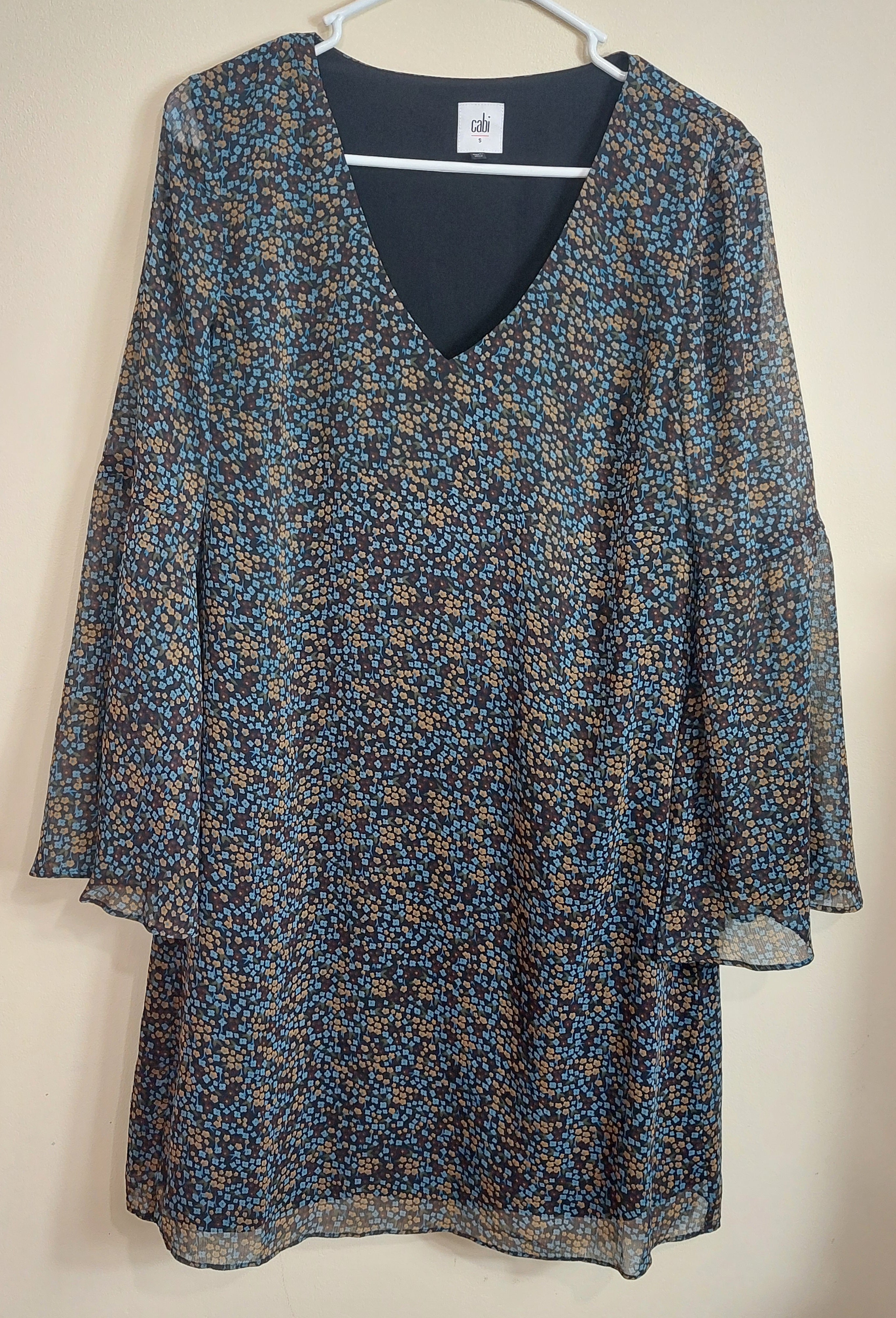 3 49 Cabi Small Sheer Floral Shift Dress Blue Brown Bell Sleeve