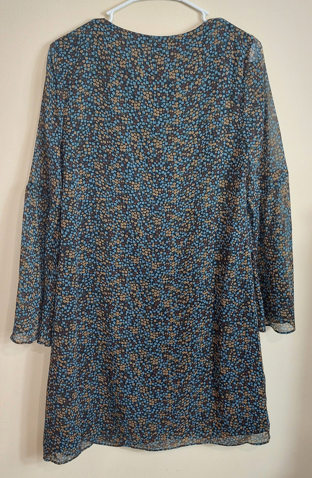 3 49 Cabi Small Sheer Floral Shift Dress Blue Brown Bell Sleeve