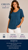 1 34 Chicos Blue Gathered Short Sleeve Top Size Medium