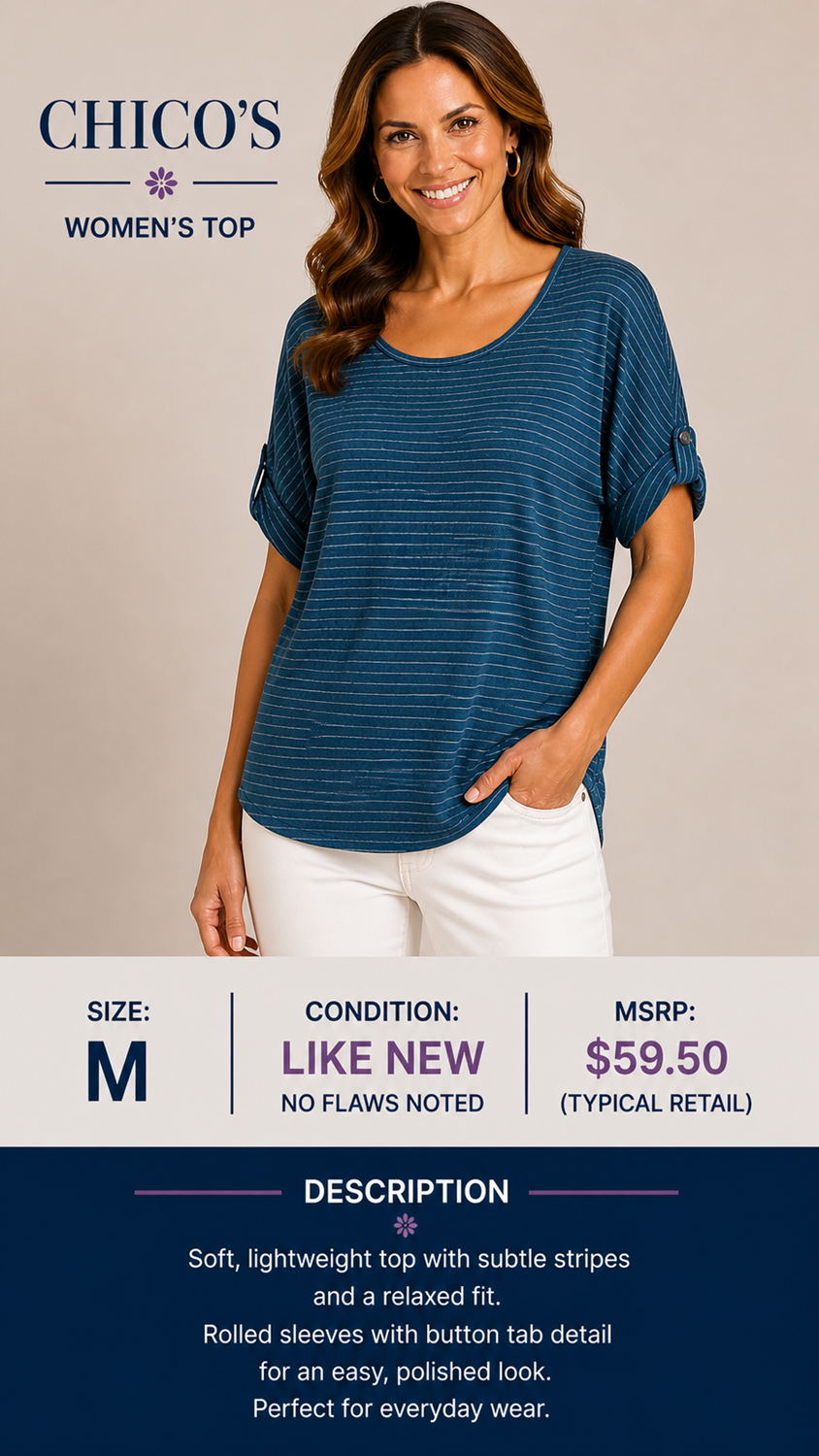 1 34 Chicos Blue Gathered Short Sleeve Top Size Medium